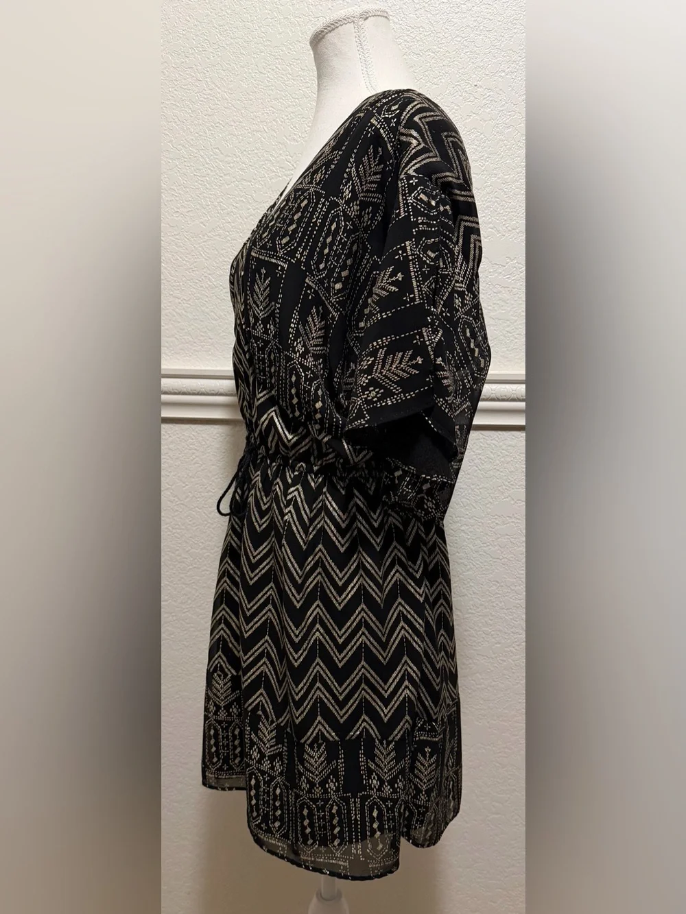 Free People Love My Chaos Mini Dress | Black Boho Chevron Print Flutter Sleeve
